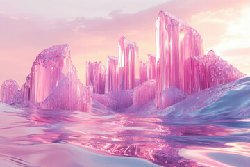 Poster - Pink crystalline structures rise from a reflective, calm body of water under a soft sunset.