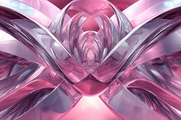 Poster - Abstract pink and silver glass sculpture with intricate curves and reflections, creating a mesmerizing symmetrical design.