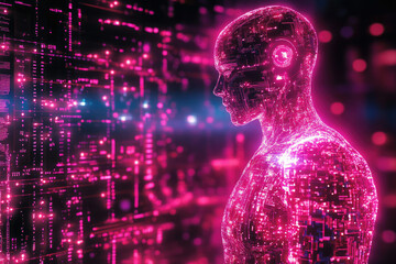 Poster - A glowing digital human, composed of circuit lines, stands before a binary code backdrop, symbolizing the fusion of humanity and technology.