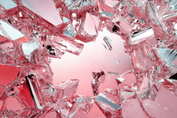 Poster - Shattered glass fragments, rose-tinted, create a visually stunning explosion of fractured pieces against a soft pink background.