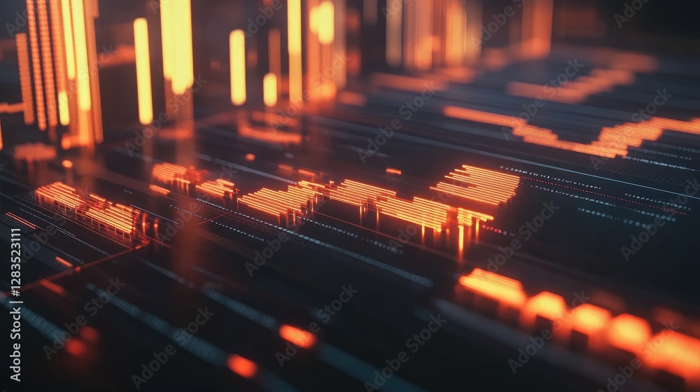 D illustration of a glowing stock market chart with rising and falling ...