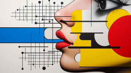 Poster - Artistic Portrait: A striking abstract artwork featuring a stylized female face, blending geometric shapes and vibrant colors in a modern aesthetic.