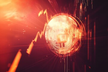 Poster - Bitcoin cryptocurrency concept with a red glowing coin and stock market graph, representing the volatility and future of digital currency investments.