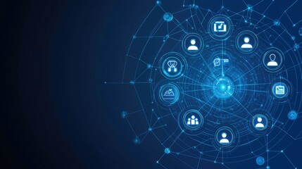 Poster - Abstract concept of customer management with digital icons of user profiles, stars, and communication symbols on a blue background