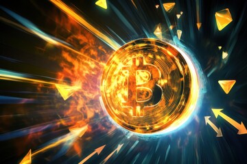 Poster - A dynamic and energetic illustration of Bitcoin with glowing trails and arrows, symbolizing cryptocurrency's rising and transformative power in the financial world.