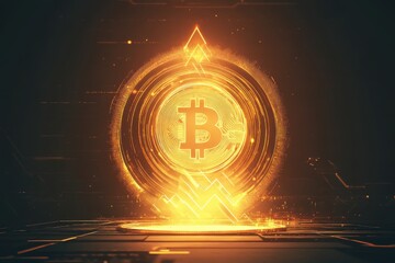 Poster - A mesmerizing golden Bitcoin illustration rising powerfully with upward arrows, symbolizing the ascendancy and transformative potential of cryptocurrency in the modern financial era.