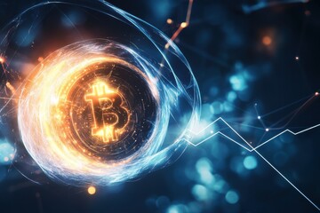 Poster - An electrifying Bitcoin illustration with glowing lines, symbolizing the digital currency's volatile market and interconnected global network, set against a dark blue background.