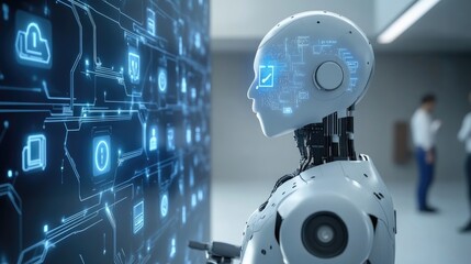 Poster - Abstract concept of artificial intelligence-powered CRM tools with glowing circuits and automation icons, no people