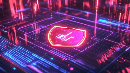 Poster - Abstract concept of risk management with a glowing shield icon surrounded by financial graphs and data analytics, futuristic theme
