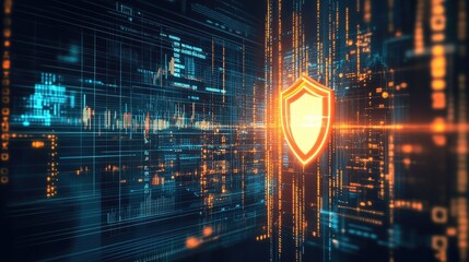 Poster - Abstract concept of risk management with a glowing shield icon surrounded by financial graphs and data analytics, futuristic theme