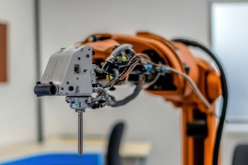 Poster - A robotic arm holding a small tool, precision-engineered with exposed gears and wires, high-tech and sleek