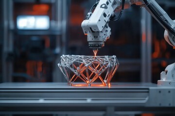 Poster - a white robotic arm utilizing laser technology to create a complex geometric structure, representing