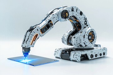Poster - a robotic arm precisely working on a high-tech panel, displaying blue light effects, symbolizing aut