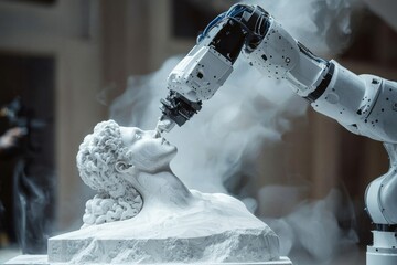 Poster - a robotic arm delicately touching a classical marble bust of a woman, symbolizing the intersection o
