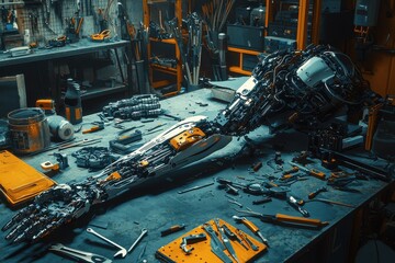 Poster - An intricately designed robotic arm lies on a cluttered workbench, surrounded by various tools and mechanical components, symbolizing advanced technology and engineering prowess in a workshop setting.
