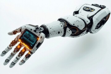 Poster - A futuristic robotic arm with advanced digital display, showcasing technology and innovation in a sleek white design against a clean background, artificial intelligence.