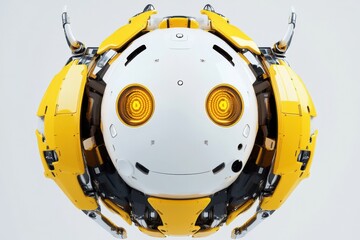 Poster - A close-up view of a friendly futuristic robot with yellow and white casing, featuring glowing yellow eyes and intricate mechanical details against a clean, modern background.