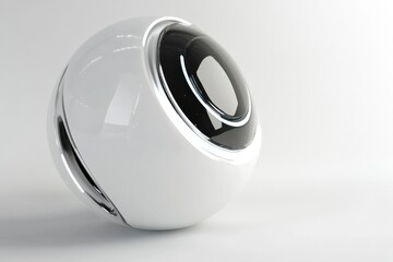 Fototapete - A futuristic white sphere with black glass and chrome trim, casting a soft shadow on a white background, showcasing smooth curves and minimalist design.