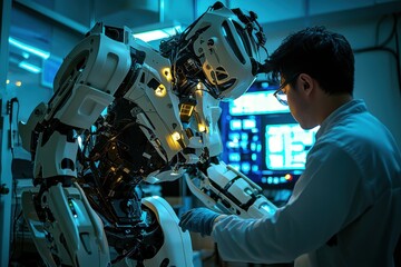 Poster - a futuristic engineer carefully working on a highly advanced humanoid robot in a laboratory, ensurin
