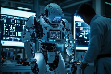 Poster - a man in a lab coat inspects a sophisticated humanoid robot with glowing blue displays, reflecting a
