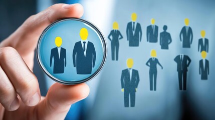 Poster - Abstract human resources concept with interconnected icons of teamwork, leadership, and hiring, glowing interface, no people