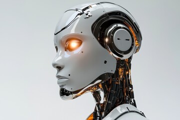 Poster - Close-up of a sleek, futuristic female robot with glowing eyes, showcasing advanced technology and artificial intelligence against a plain background, creating a sense of mystery.