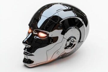Poster - A striking chrome robotic head with glowing orange eyes, reflecting a futuristic vision of artificial intelligence and advanced technological design on a light surface.