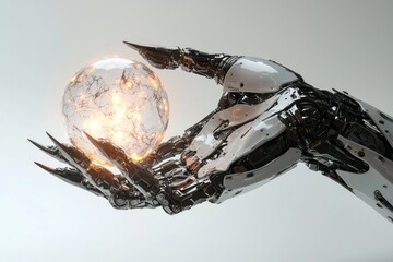 Poster - a futuristic robot hand delicately holds a glowing energy sphere, symbolizing technological advancem