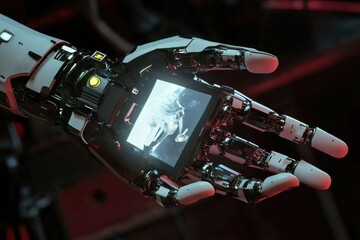 Poster - A close-up of a detailed robotic hand displaying a complex data visualization on its palm screen, embodying future technology and artificial intelligence concepts.