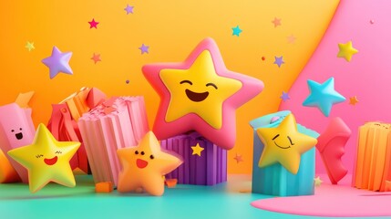 Poster - Abstract visualization of user feedback and rating system with emoji icons and five-star reviews, no people