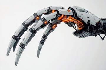 Poster - Close-up of a sophisticated robotic spider with intricate mechanical details and glowing orange cables, set against a stark white background, futuristic.