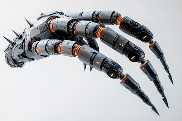 Poster - Futuristic robotic spider with a menacing spiked head, intricate metal body, and glowing orange joints, set against a stark white backdrop.