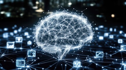 Poster - AI-driven customer analytics with deep learning symbols and futuristic tech elements, no people
