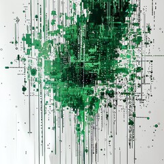 Poster - Digital Green Abstraction: A striking abstract composition features a cascade of green data streams and pixelated elements, conveying a sense of modern technology and digital innovation.