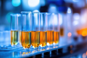 Poster - Glass test tubes containing bright orange liquid lined up on a laboratory workstation during an experiment. Generative AI