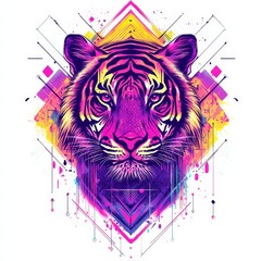 Poster - Vibrant Tiger Artwork: A stylized, artistic depiction of a tiger's face, rendered in a kaleidoscope of vivid colors and geometric patterns.