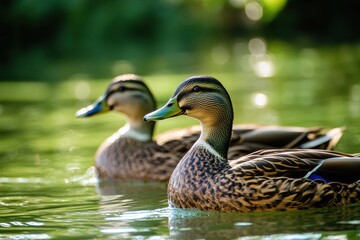 Poster - Ducks swimming gracefully in a serene pond under soft sunlight during the early morning hours. Generative AI