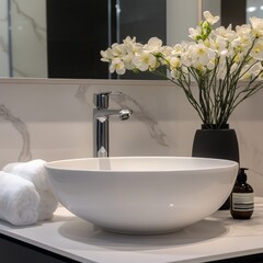 Aufkleber - Elegant Bathroom Still Life: White Bowl Sink, Marble Counter, and Floral Arrangement for Serene Ambiance