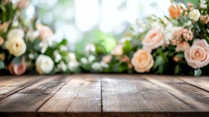 Poster - Soft floral arrangements create a dreamy backdrop behind an empty rustic wooden table, inviting moments of reflection and creativity in a tranquil setting filled with natural light