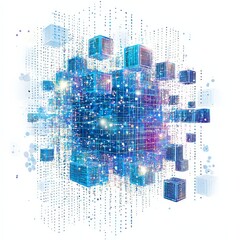 Poster - digital realm of cubes: an intricate array of interconnected blue cubes hovers against a backdrop of