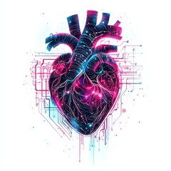 Poster - digital heart: a vibrant artistic representation of a human heart, intertwined with intricate digita