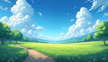 Aufkleber - Anime style illustration of green field with pathway, trees and mountains under blue sky with clouds. Serene rural scene with nature scenery. Summer day with bright sun.