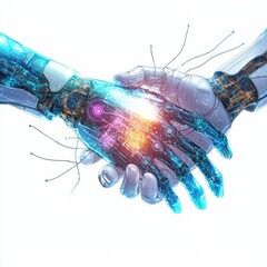 Poster - The Future is in Handshake: An artistic depiction of a robotic and human hand in a handshake, symbolizing technology, collaboration, and innovation