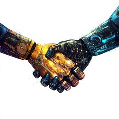 Poster - Digital Alliance: Two robotic hands clasp in a firm handshake against a light background, representing cooperation in tech innovation.