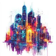 Poster - luminous cityscape: a futuristic urban landscape glows with vibrant neon hues, illustrating a dynami