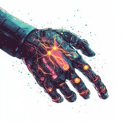 Poster - Cybernetic Hand: A detailed close-up of a futuristic, mechanical hand, showcasing intricate circuitry, glowing lights, and advanced technology, a vibrant and conceptual portrayal of innovation.
