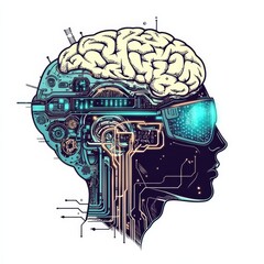 Poster - Cybernetic Brain: An intricate illustration showing a human head melded with cybernetic technology, representing the fusion of artificial intelligence and human intelligence.