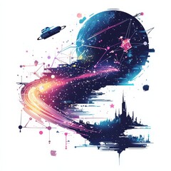 Poster - Cosmic Voyage: An artistic depiction of space exploration, where a spacecraft embarks on a celestial journey toward a vibrant planet, evoking wonder and limitless possibilities. 