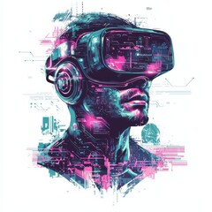 Poster - Immersive Reality: A digital illustration showcases a person wearing VR headset, with vivid circuit patterns overlaid. It's a captivating visual representation of virtual reality.