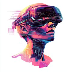 Poster - Visionary in VR: A person is depicted wearing a virtual reality headset, their form rendered in vibrant, abstract colors, suggesting immersion in a digital world.